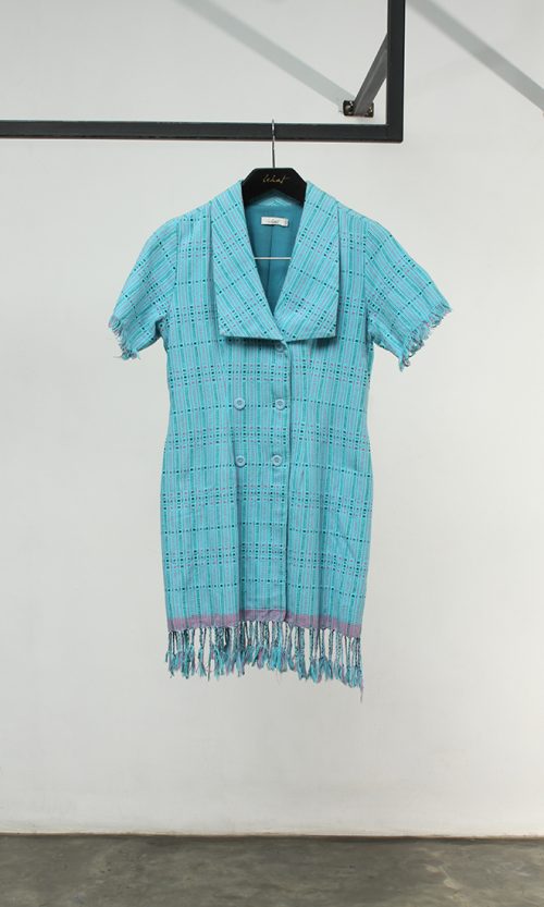 Shirt Dress Tenun with Oversized Collar with Fringe Detail