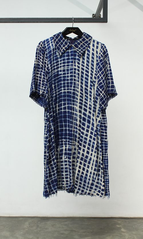Hand-Dyed Batik Collared Dress in Blue