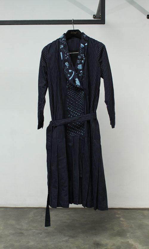 Long Stripe Denim Coat Shawl Collar with Embroidery
