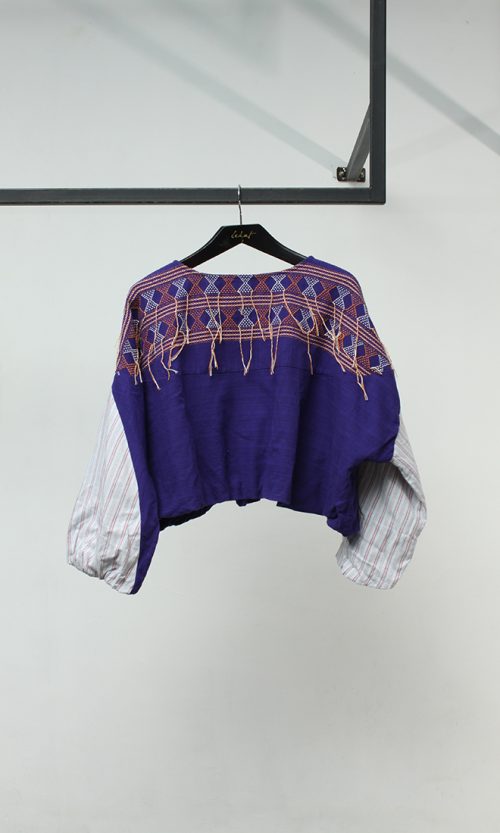 Two-Tone Woven Crop Top Balloon Blouse