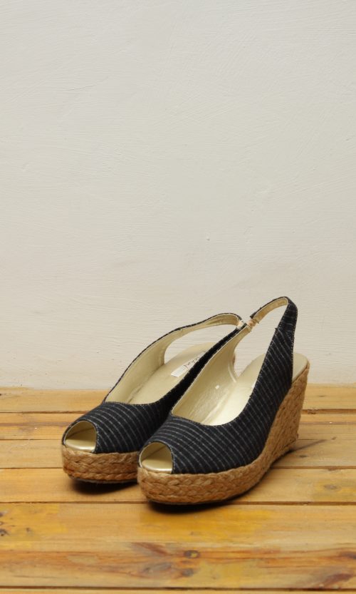 Baduy Woven in Monochrome Stripe Leather Open Toe Wedge