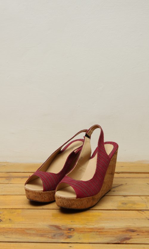 Baduy Woven in Stripe Champagne Leather Open Toe Wedge