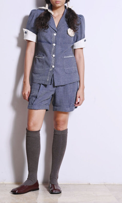 Navy Woven Short Sleeve Top with Pocket and Hand Stitched