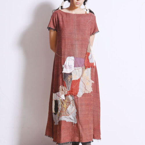 LEKAT Midi Maroon Woven Dress with Patchwork