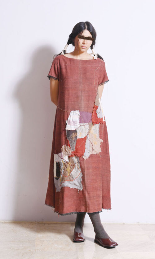 Midi Maroon Woven Dress with Patchwork