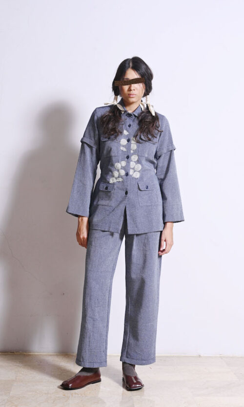 Woven Top with Belt, Pockets and Embilishment