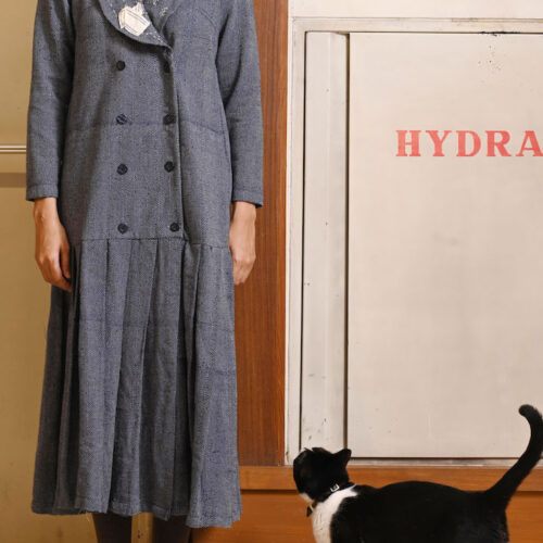 LEKAT Double Breasted Pleated Woven Dress with Hand Stitched
