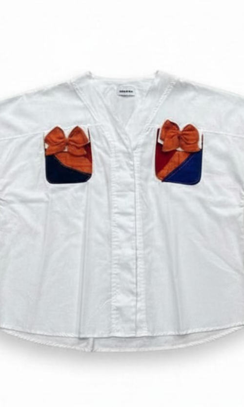 LEKAT DUA Bow Patch Pocket V-Neck Blouse