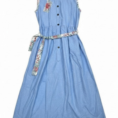 LEKAT DUA Sleeveless Sky Blue Linen Belt Dress