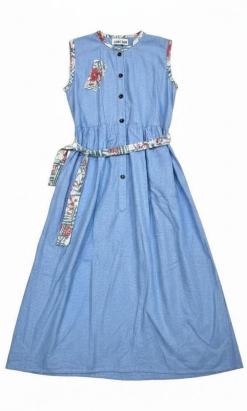 LEKAT DUA Sleeveless Sky Blue Linen Belt Dress