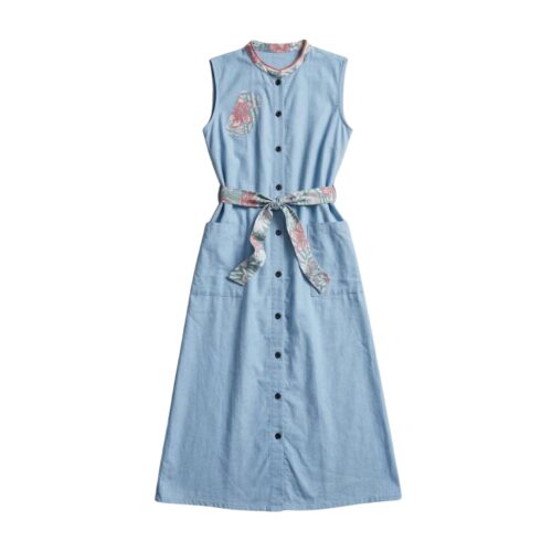 LEKAT DUA Sleeveless Sky Blue Linen Belt Dress