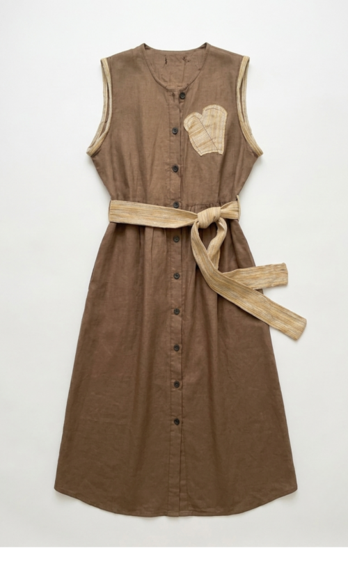 LEKAT DUA Sleeveless Linen Belt Brown Dress