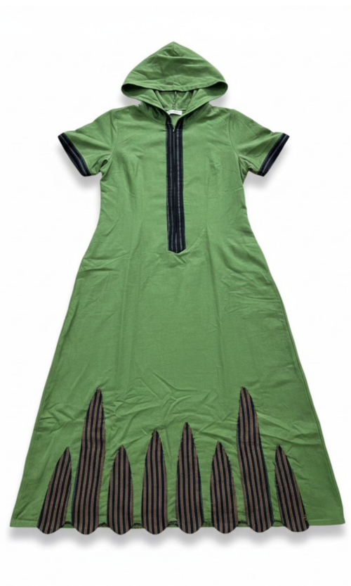 LEKAT DUA Linen Patchwork Long Dress in Green