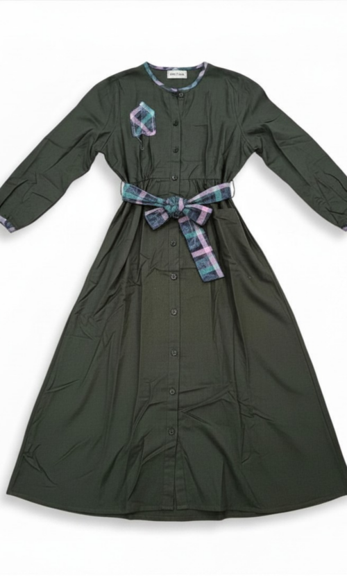 LEKAT DUA Linen Belt Dress in Deep Green