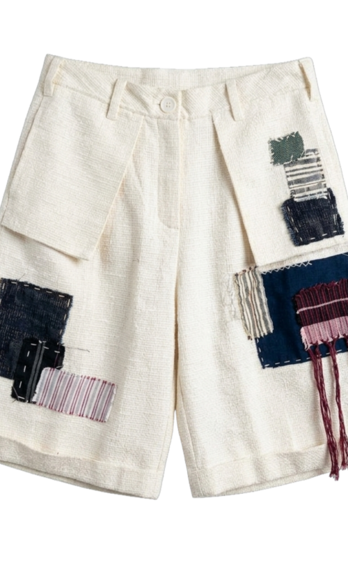 LEKAT DUA Tweed Patchy White Shorts